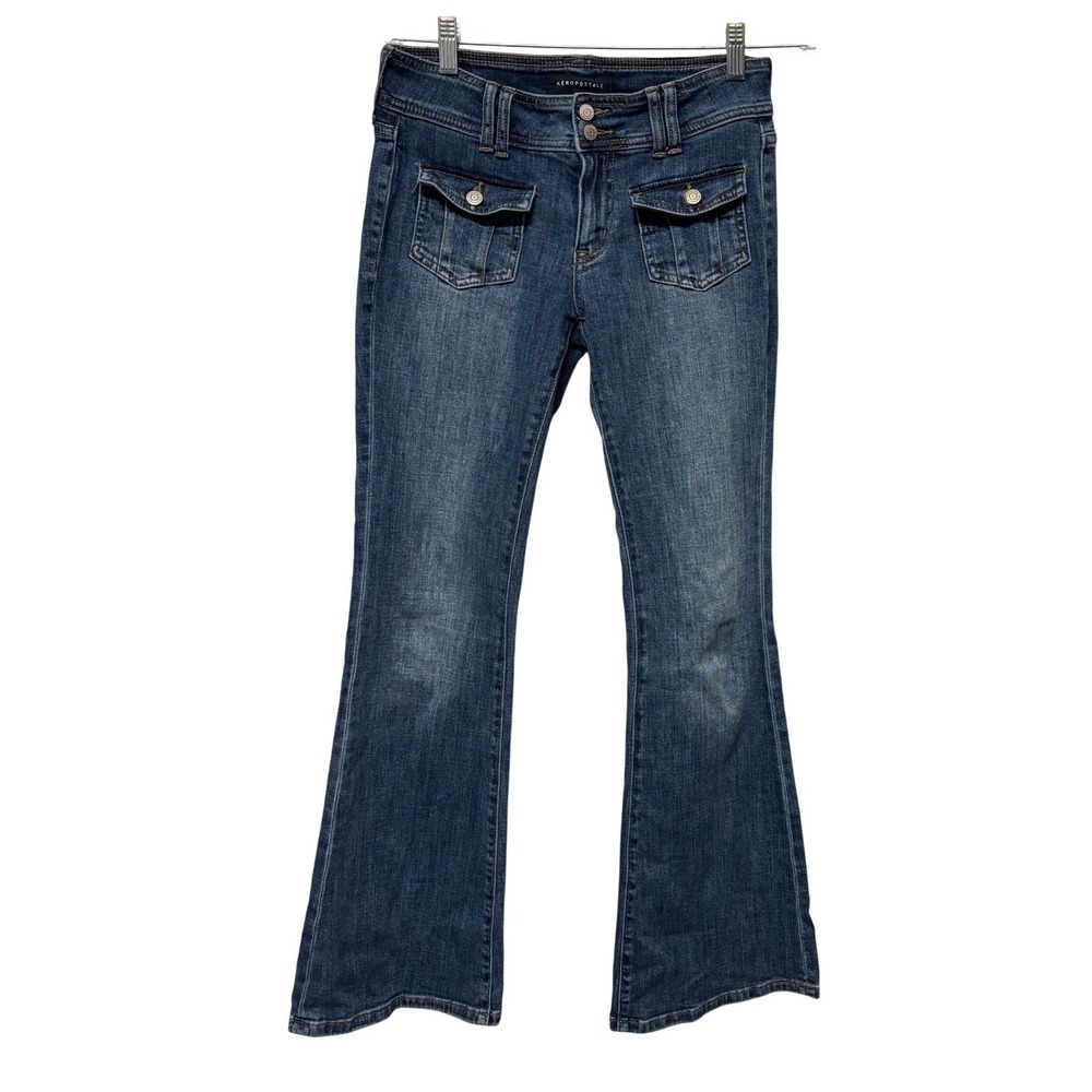 Aeropostale Low Rise Flare Jeans Medium Wash Front Flap Pockets Size 2 Reg Y2K - Picture 2 of 6